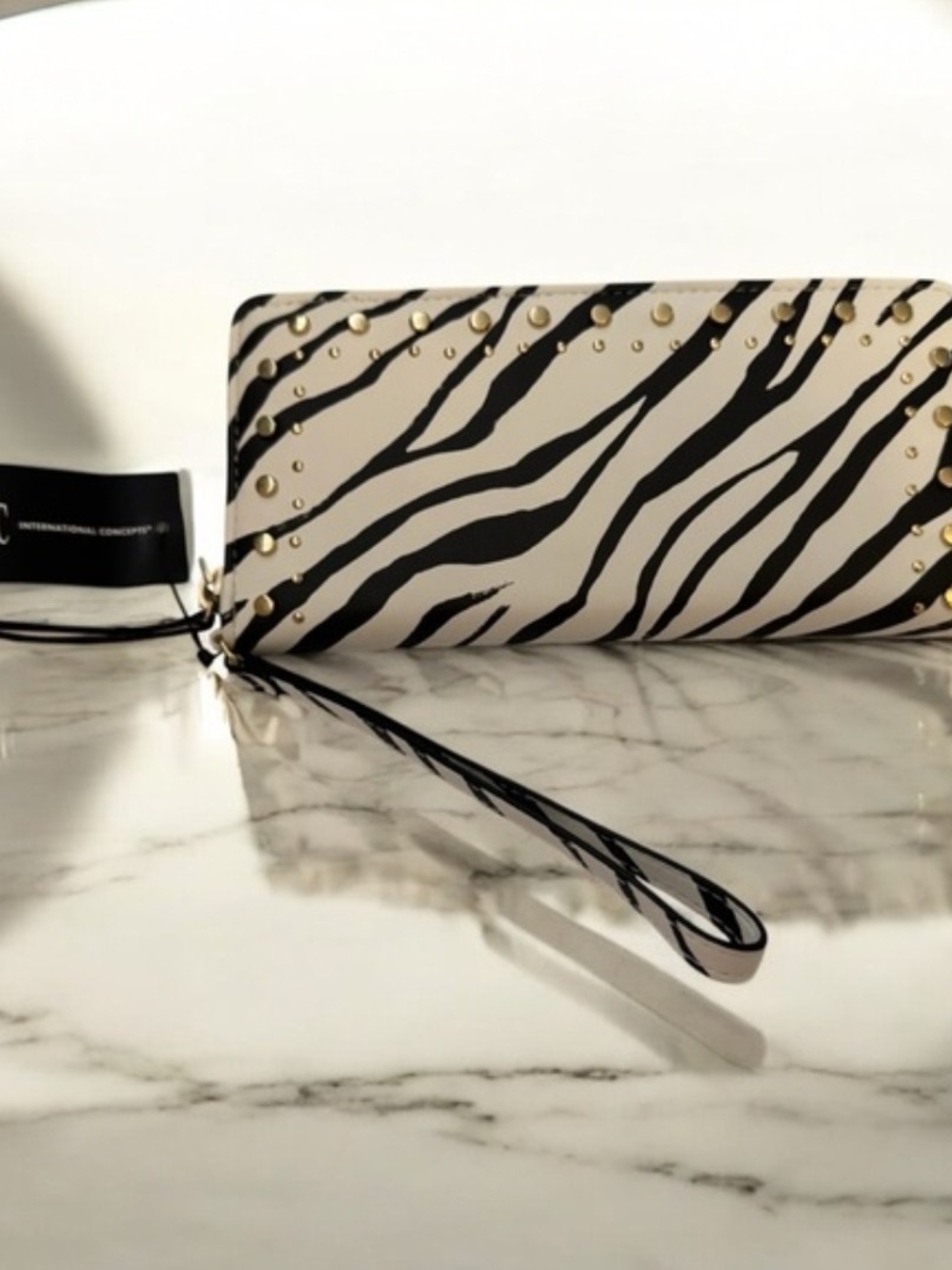INC International Concepts Black & Cream Zebra-Print Wristlet with Gold Studs